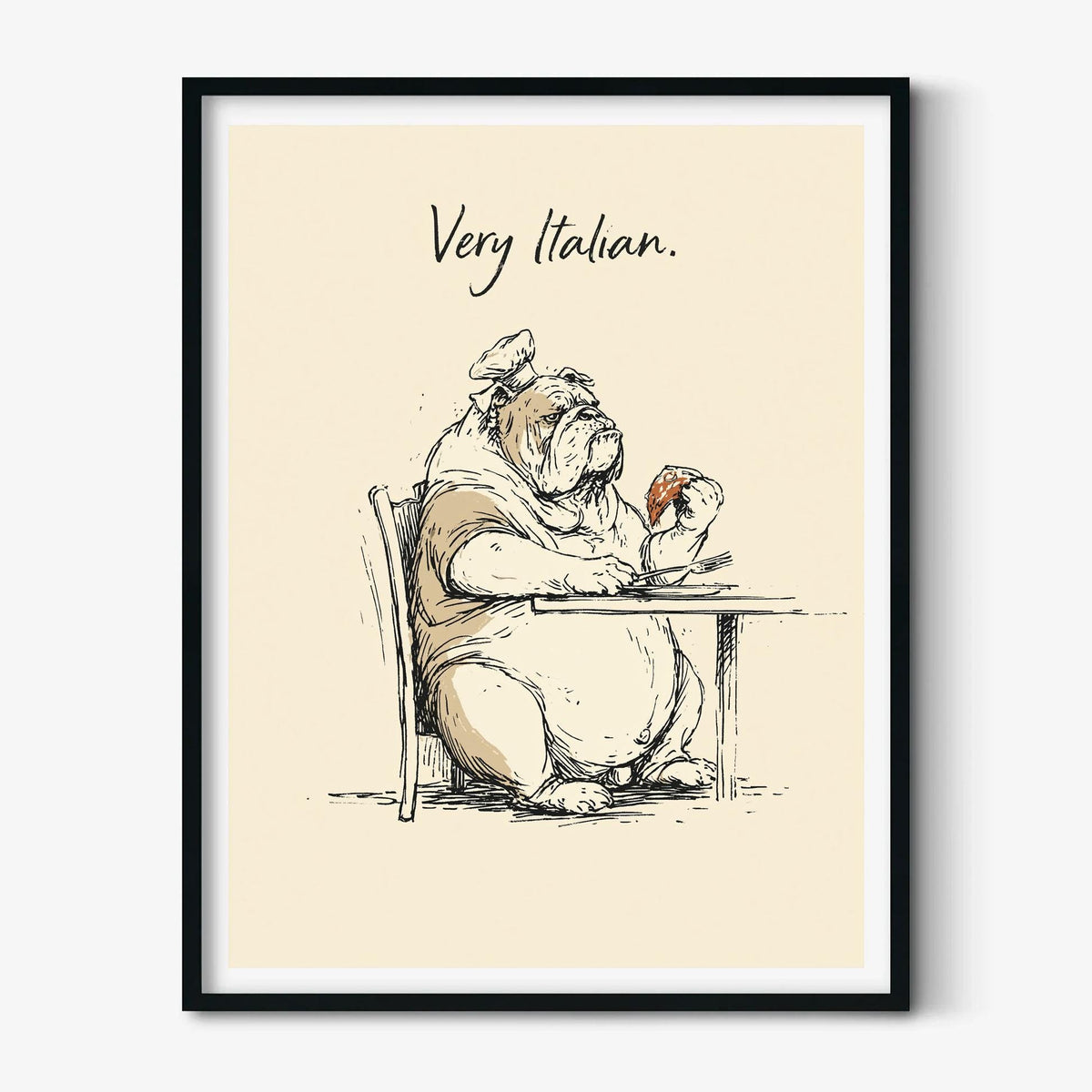 Bulldog Chef Italian Poster, Funny Pizza Illustration, Kitchen Wall Art