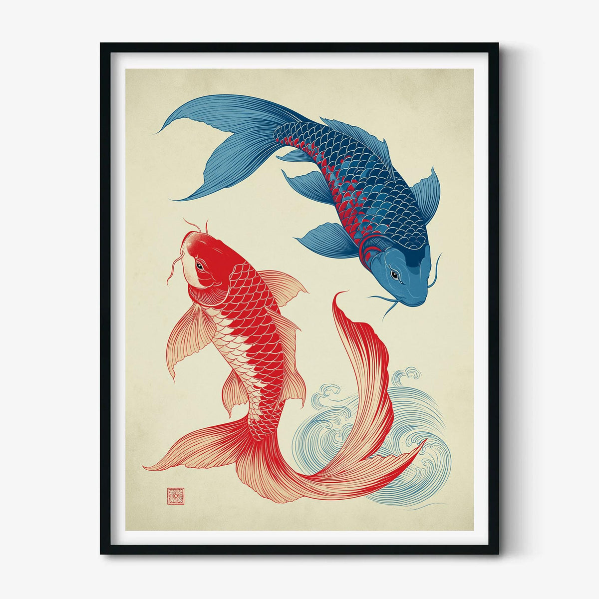 Japanese Koi Fish Poster, Red Blue Koi Illustration, Pond Fish Wall Art