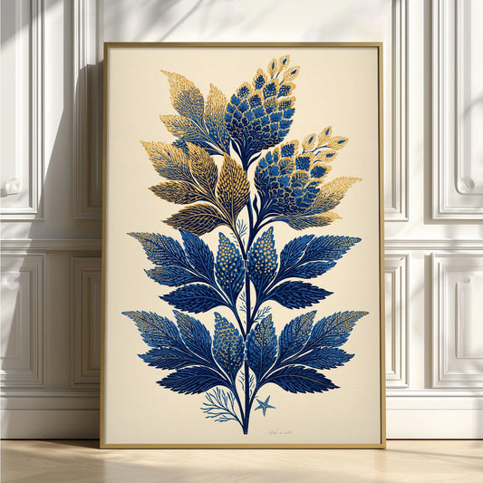 Blue Gold Floral Print, Vintage Botanical Wall Art Poster, Leaf Gallery Decor