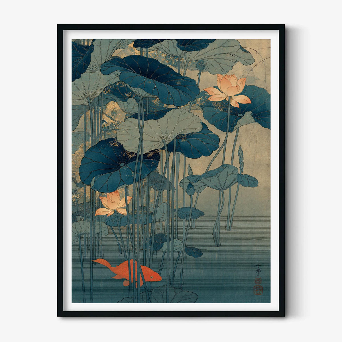 Lotus Koi Print, Japanese Pond Wall Art Poster, Zen Botanical Decor