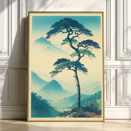 Lone Pine Tree Print, Japanese Mountain Wall Art Poster, Calm Zen Landscape Decor