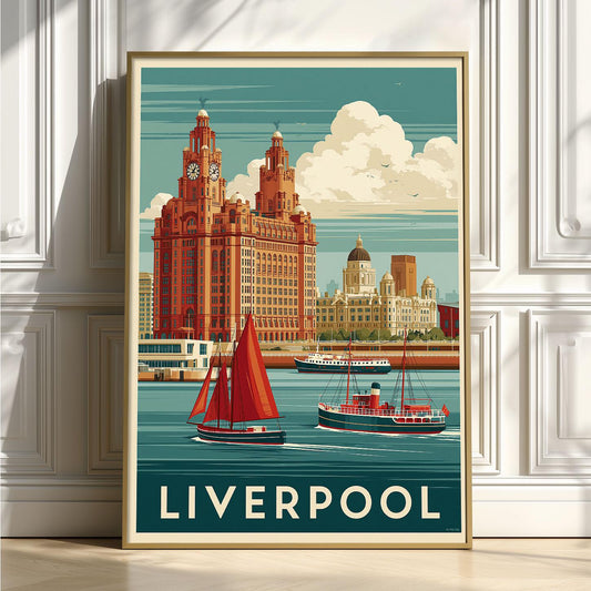 Liverpool Travel Poster, Vintage Waterfront Wall Art Print, England City Decor