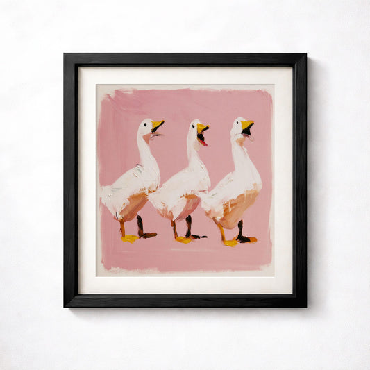 Dancing Ducks Print, Funny Duck Wall Art, Pink Quirky Animal Poster for Eclectic Decor