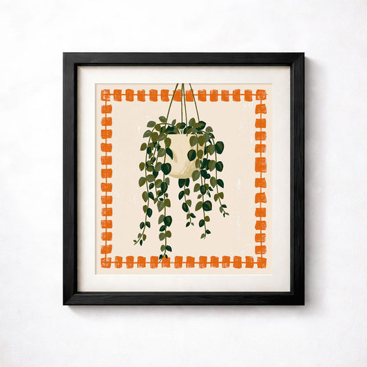 Hanging Plant Print, Retro Botanical Wall Art, Orange and Green Houseplant Poster
