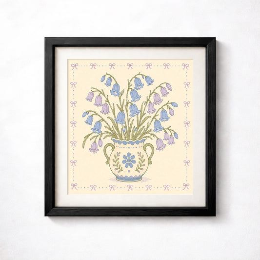 Bluebell Bouquet Print, Blue and Lilac Flowers in Decorative Vase, Floral Wall Art