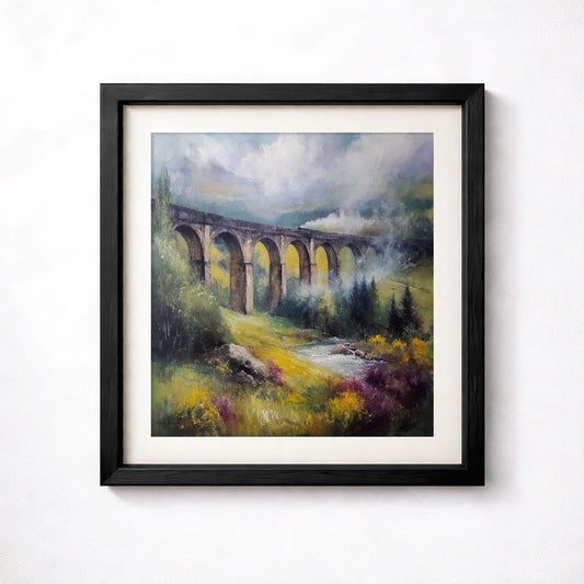 Glenfinnan Viaduct Print, Scottish Steam Train Art, Misty Highlands Landscape