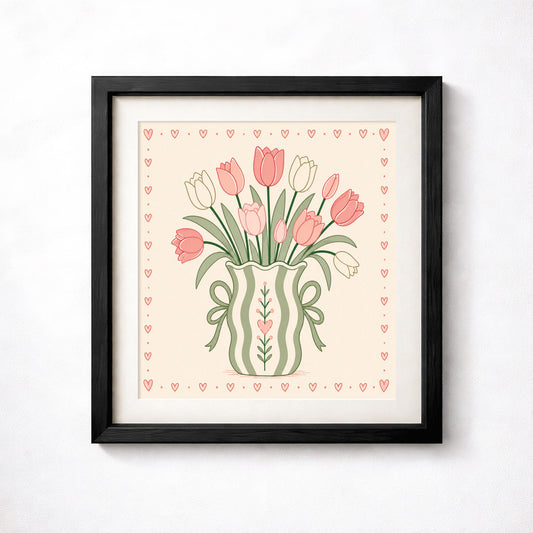 Pink Tulip Bouquet Print, Sage Green Floral Wall Art, Whimsical Striped Vase Poster