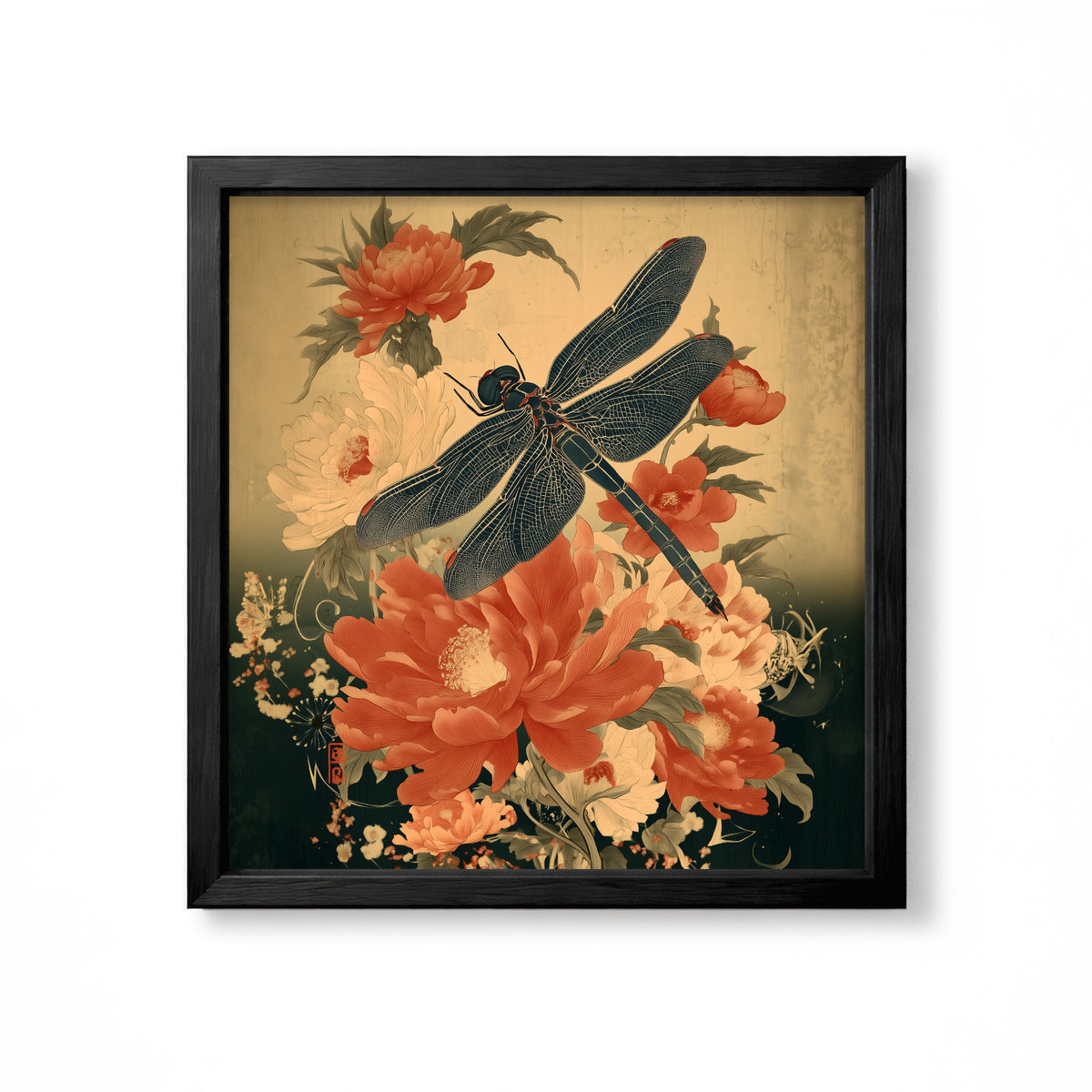 Japanese dragonfly with red and cream peony flowers vintage botanical insect wall art print
