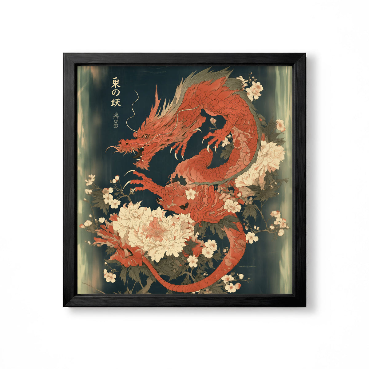 Japanese red dragon surrounded by cream blossom and floral details vintage mythical wall art print