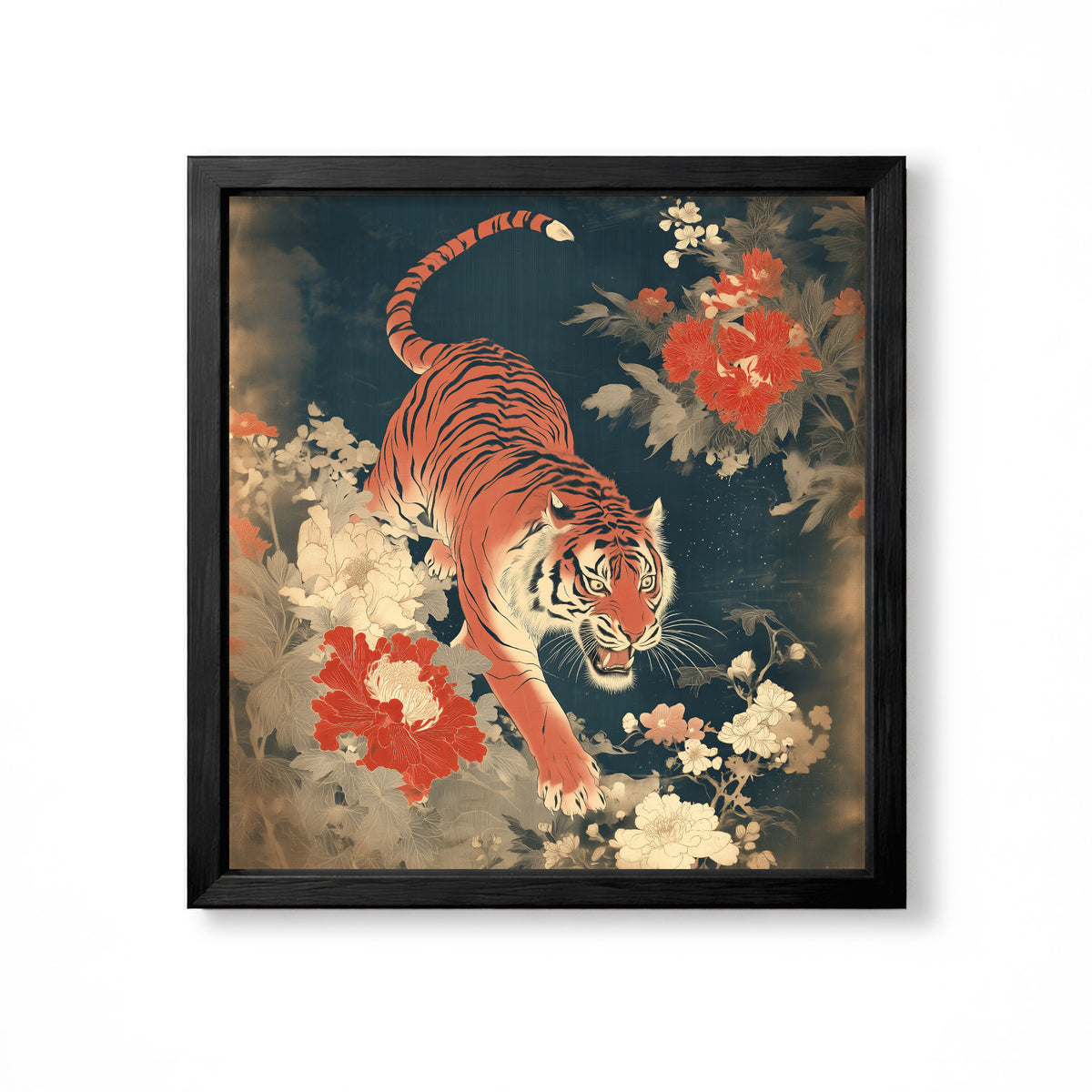 Japanese tiger with red and cream peony flowers vintage floral animal wall art print