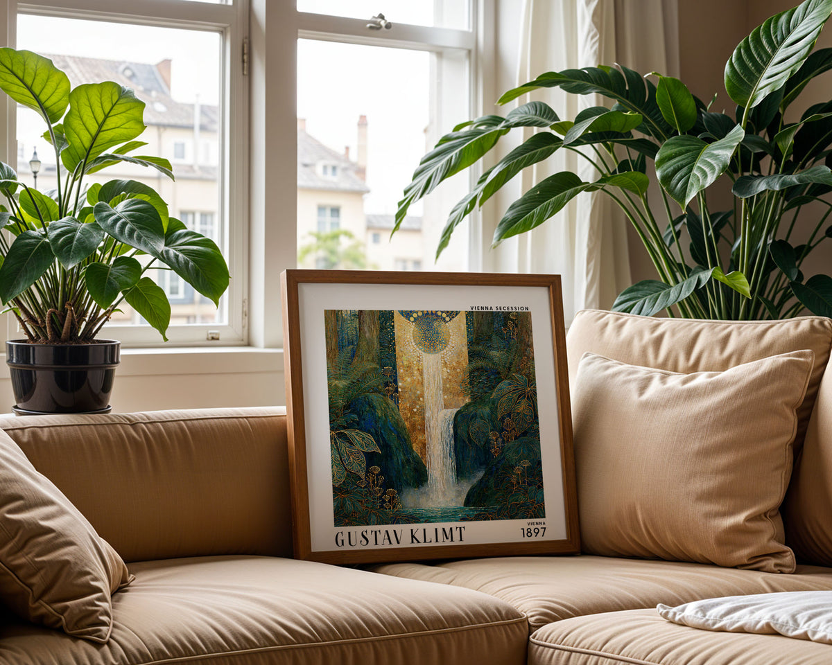 Gustav Klimt Style Waterfall Print – Blue Gold Botanical Square Art