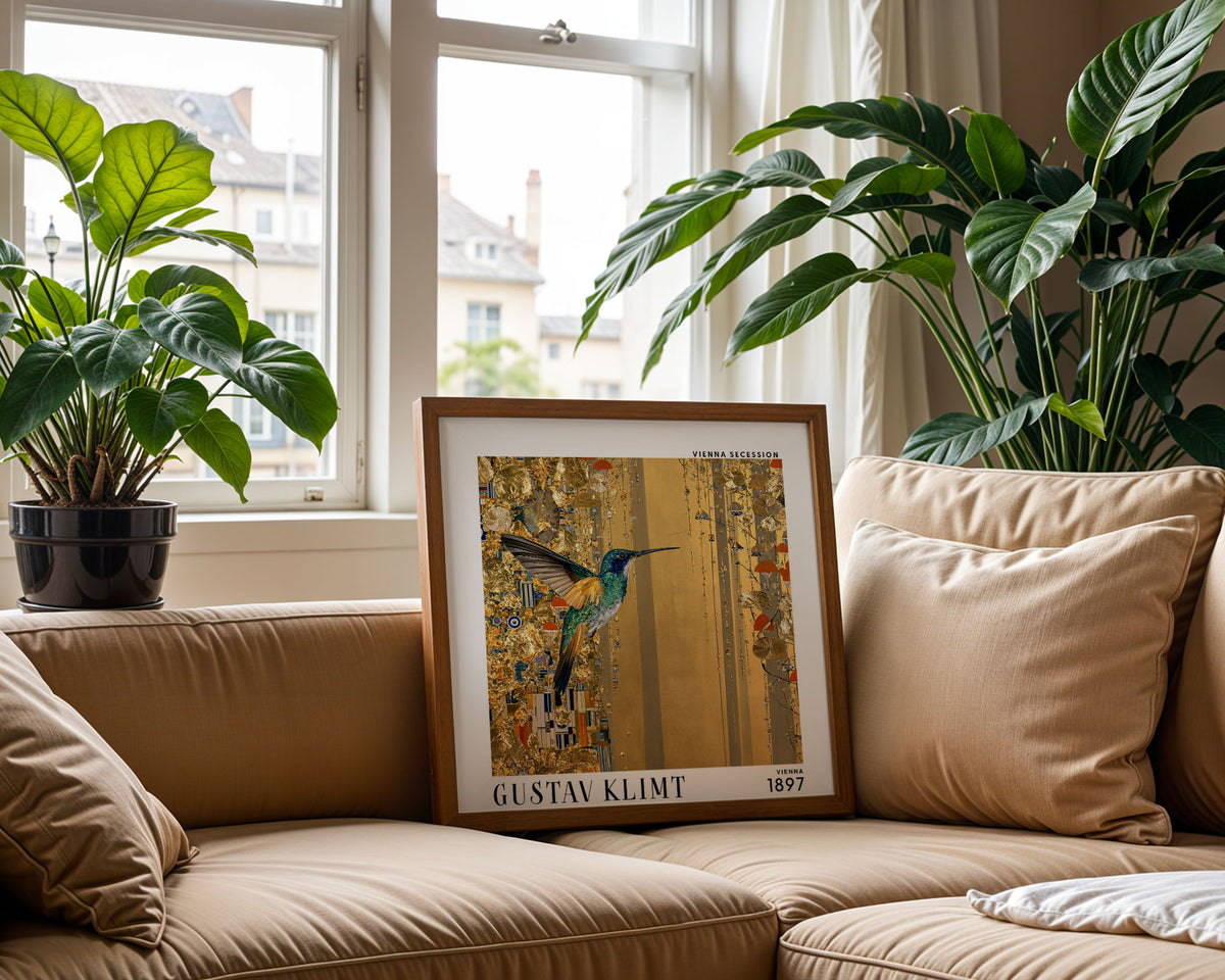 Gustav Klimt Style Hummingbird Print – Gold Botanical Square Art