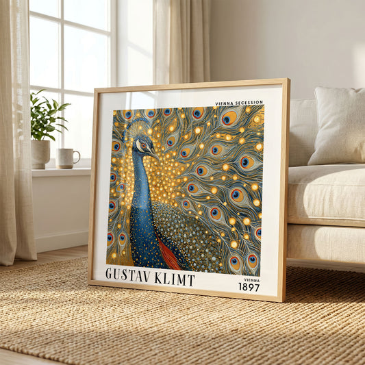Gustav Klimt Style Peacock Print – Blue Gold Art Nouveau Square Art