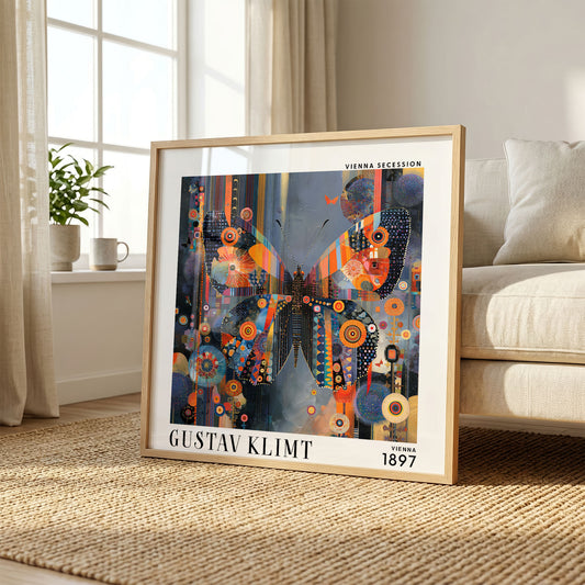 Gustav Klimt Style Butterfly Print – Orange Blue Mosaic Square Art