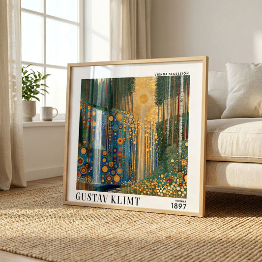 Gustav Klimt Style Golden Forest Waterfall Print – Blue Green Square Art