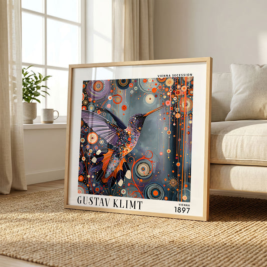Gustav Klimt Style Hummingbird Mosaic Print – Orange Purple Square Art