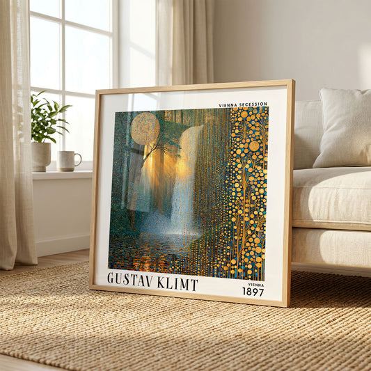 Gustav Klimt Style Sunlit Waterfall Print – Gold Blue Forest Square Art