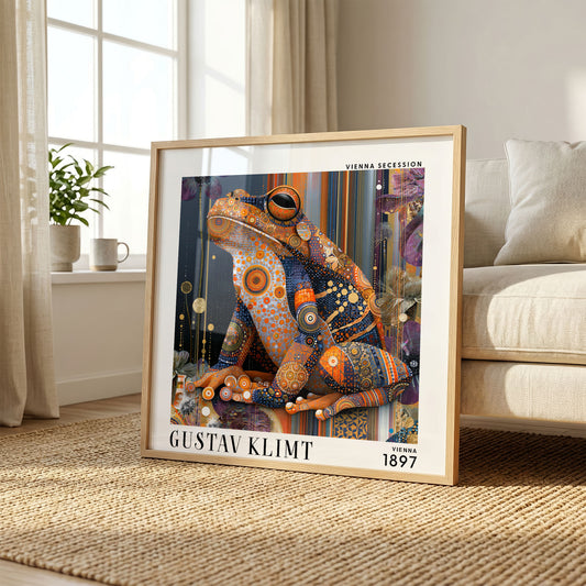 Gustav Klimt Style Frog Print – Orange Blue Art Nouveau Square Wall Art