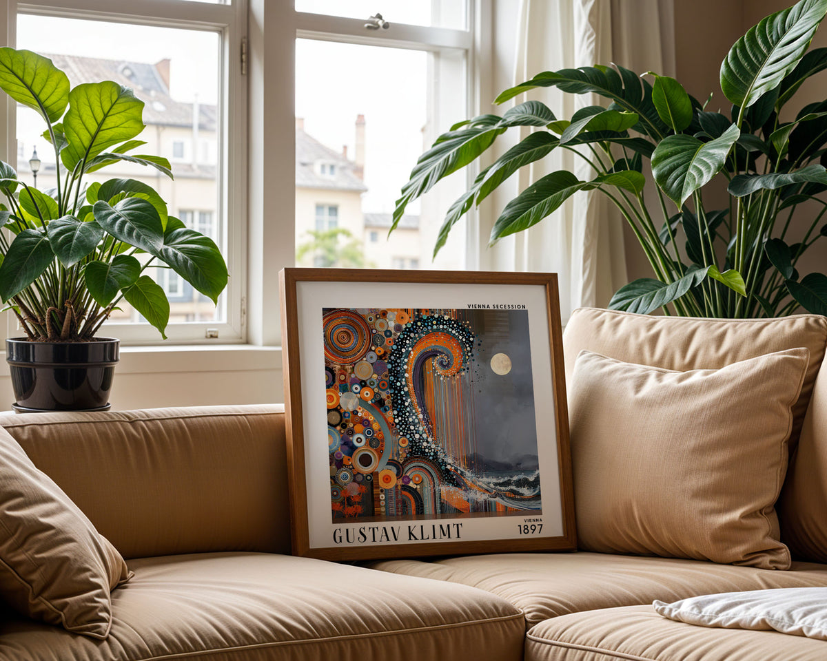 Gustav Klimt Style Abstract Ocean Wave Print – Orange Blue Moon Square Art