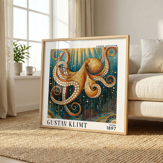 Gustav Klimt Style Golden Octopus Print – Teal Art Nouveau Square Wall Art