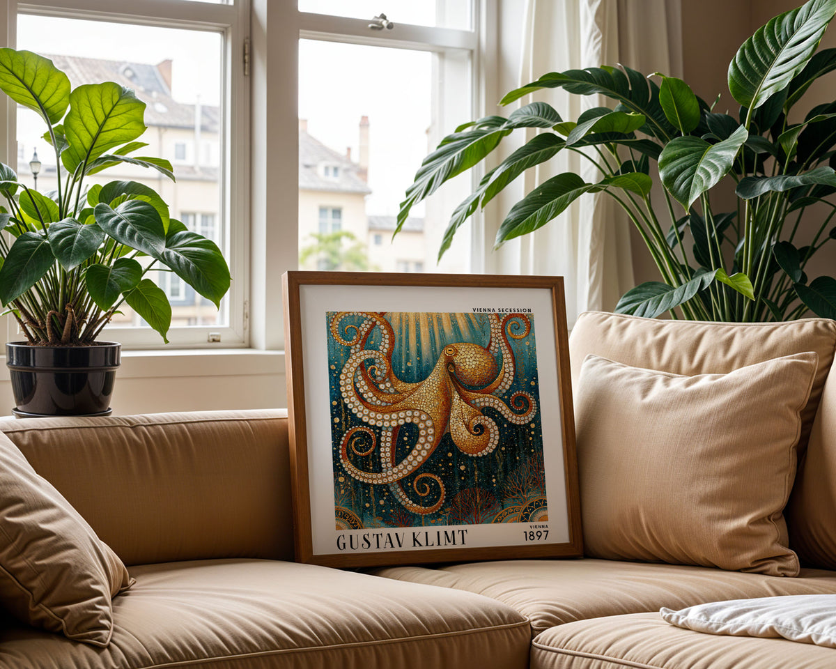 Gustav Klimt Style Golden Octopus Print – Teal Art Nouveau Square Wall Art