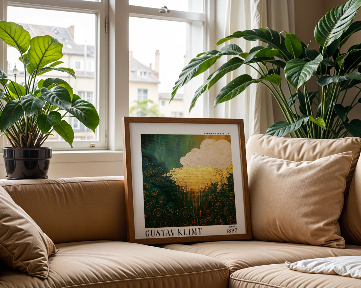 Gustav Klimt Style Golden Rain Cloud Print – Green Gold Abstract Square Art