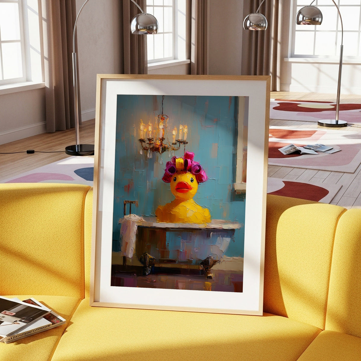 Rubber duck bath maximalist wall art displayed in a light wood frame on a yellow sofa