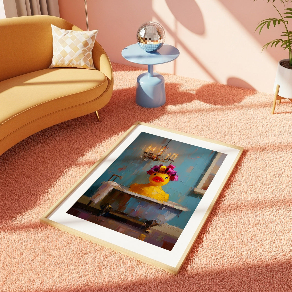 Rubber duck bath print in a light wood frame styled in a colourful maximalist room