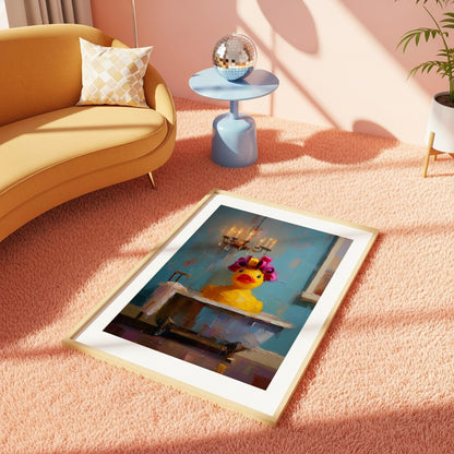 Rubber duck bath print in a light wood frame styled in a colourful maximalist room