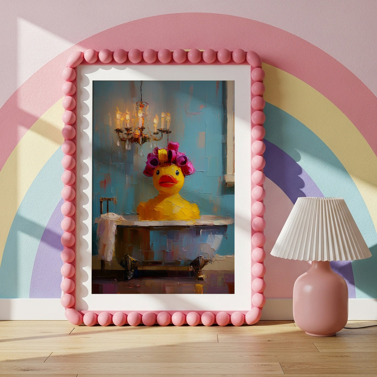 Quirky rubber duck bath wall art in a pink bubble frame against a colourful rainbow wall