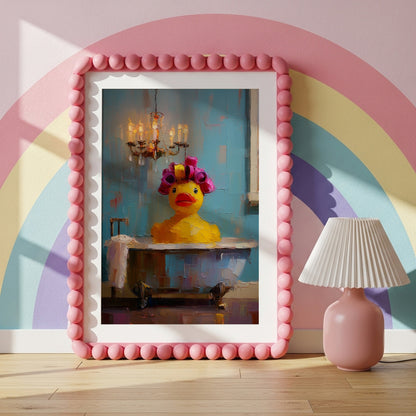Quirky rubber duck bath wall art in a pink bubble frame against a colourful rainbow wall