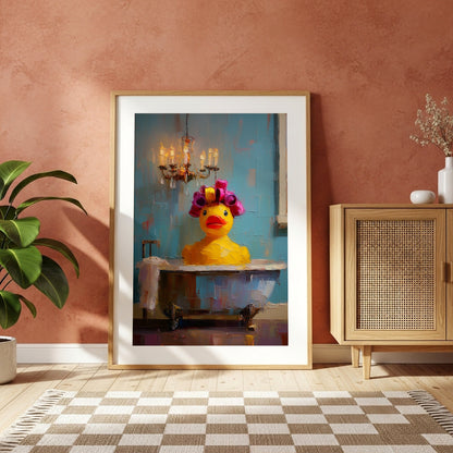 Maximalist rubber duck bath print displayed in a light wood frame against a terracotta wall