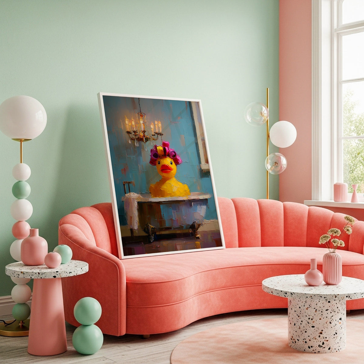 Colourful rubber duck bath print styled in a pastel maximalist living room