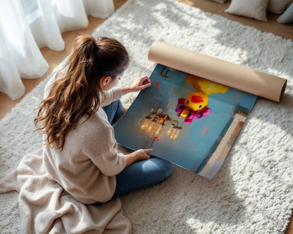 Large rubber duck bath maximalist wall art displayed in a bright modern dining room