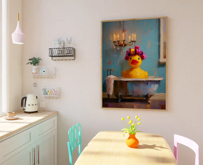 Rubber duck bath wall print shown as a large unframed poster being handled for display