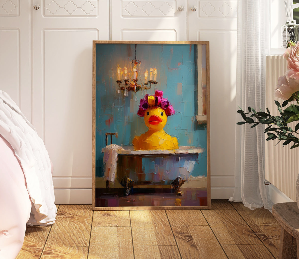 Rubber duck bath maximalist print displayed upright in a light wood frame in a bright interior
