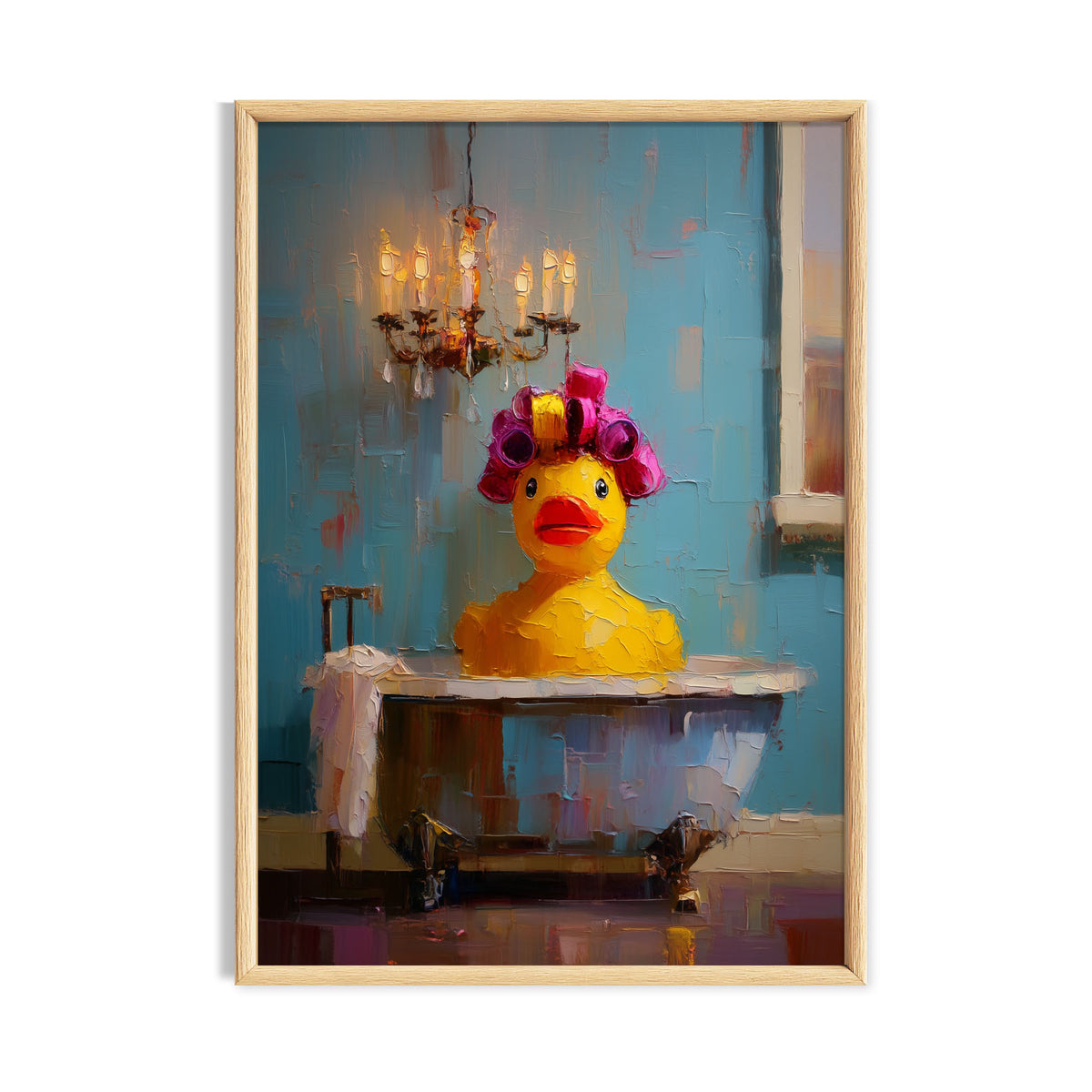 Quirky yellow rubber duck in a bathtub wearing bright pink hair curlers beneath a chandelier