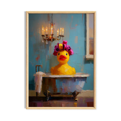 Quirky yellow rubber duck in a bathtub wearing bright pink hair curlers beneath a chandelier