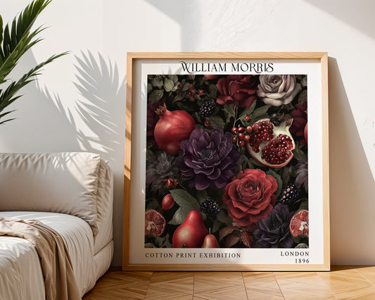 William Morris Style Pomegranate & Rose Print – Dark Botanical Square Wall Art