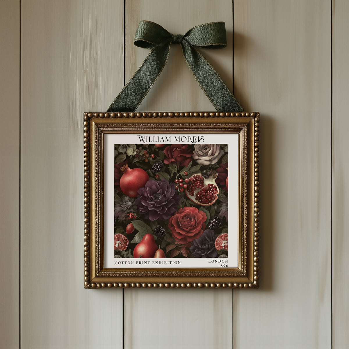 William Morris Style Pomegranate & Rose Print – Dark Botanical Square Wall Art