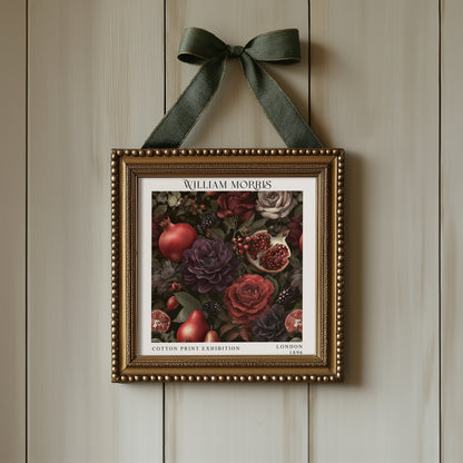 William Morris Style Pomegranate & Rose Print – Dark Botanical Square Wall Art