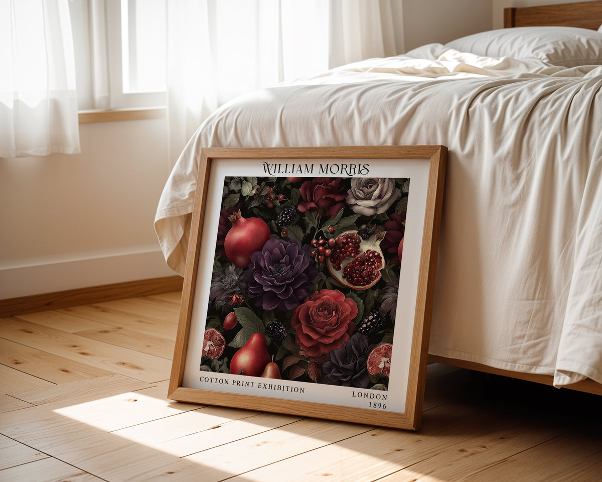 William Morris Style Pomegranate & Rose Print – Dark Botanical Square Wall Art