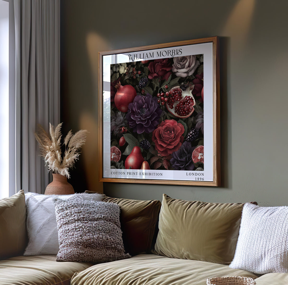 William Morris Style Pomegranate & Rose Print – Dark Botanical Square Wall Art