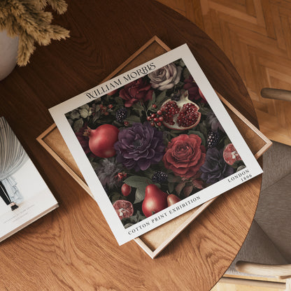 William Morris Style Pomegranate & Rose Print – Dark Botanical Square Wall Art