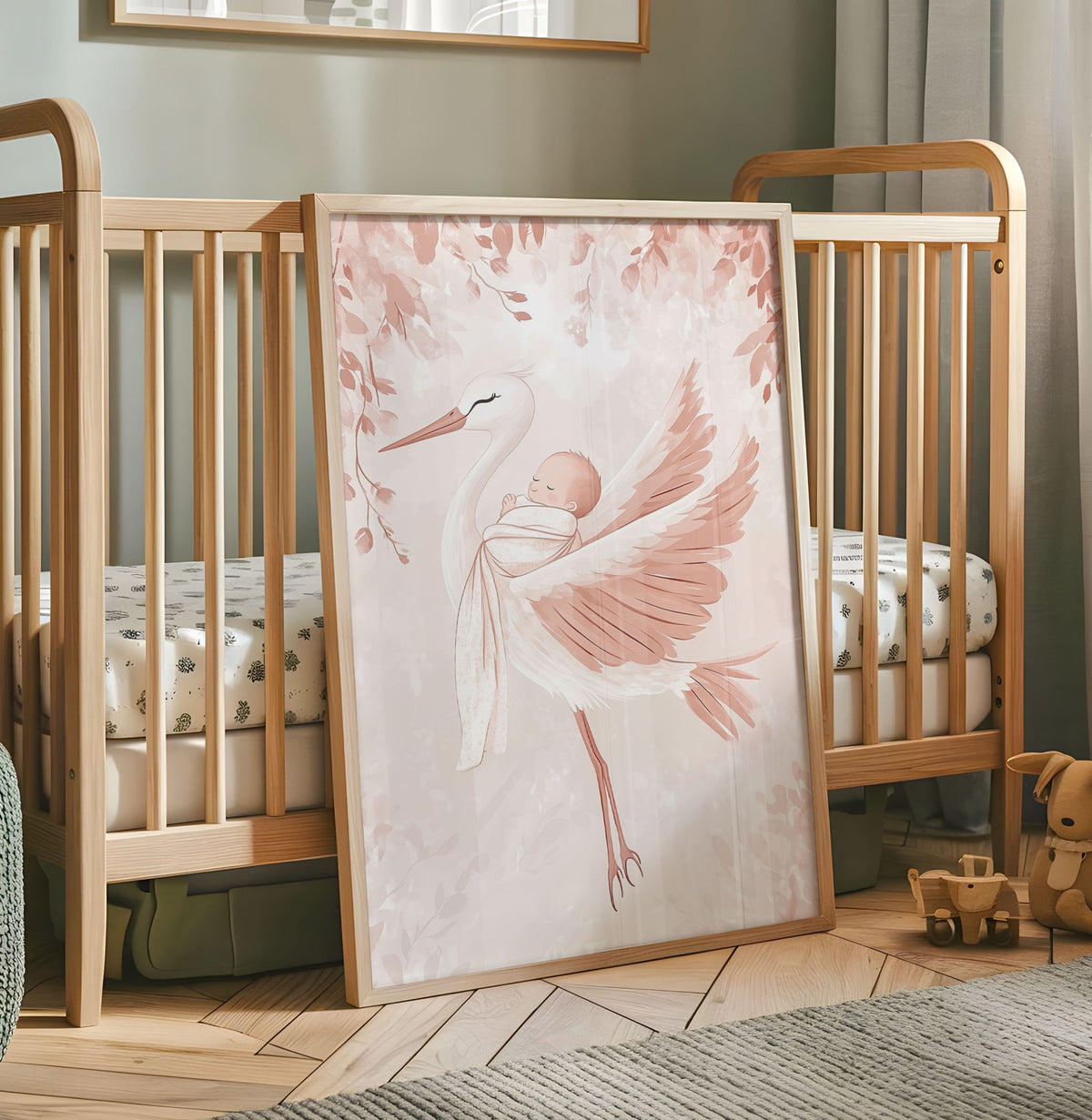 Pink stork carrying sleeping baby nursery wall art print in wooden frame