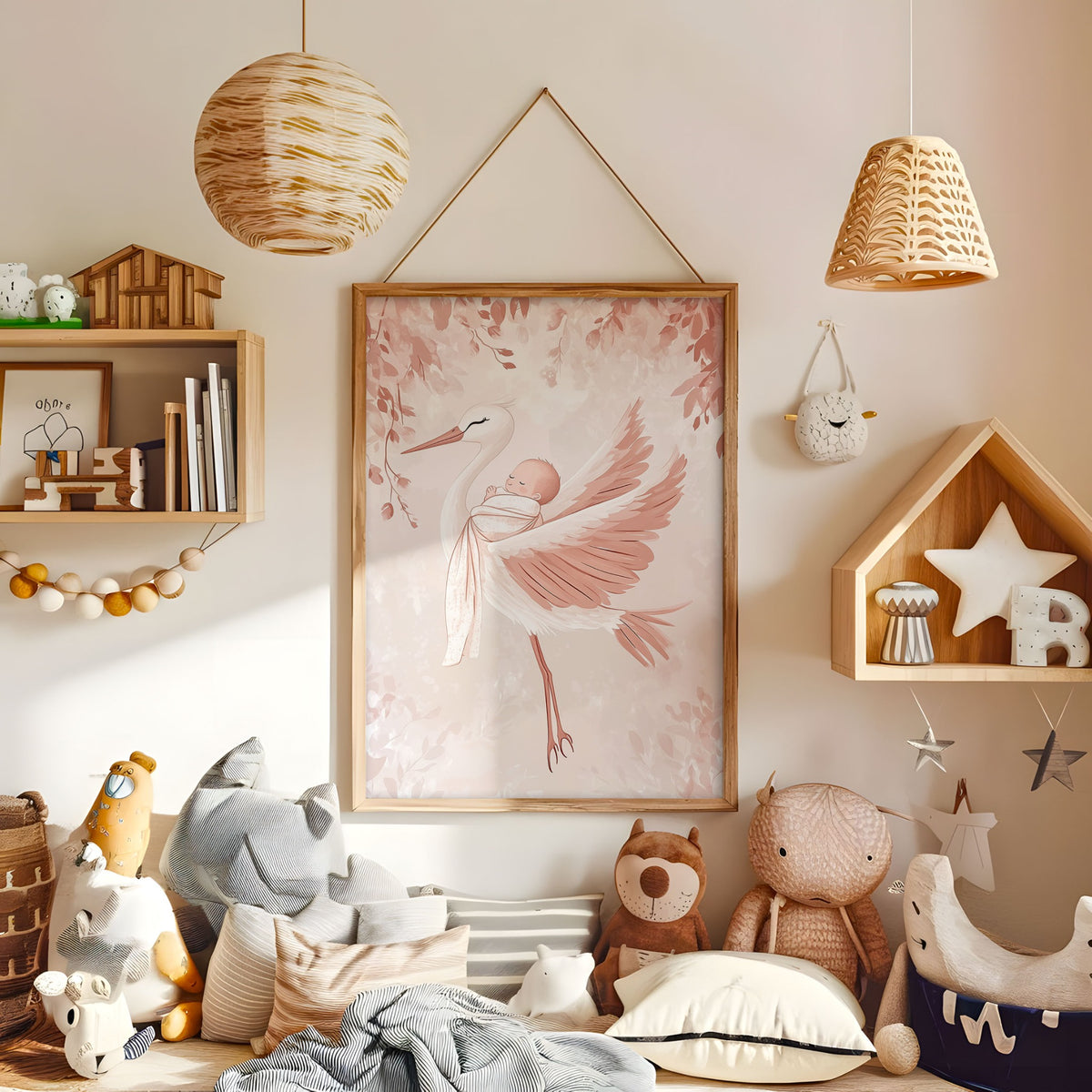 Stork carrying baby nursery wall art print in warm neutral nursery decor