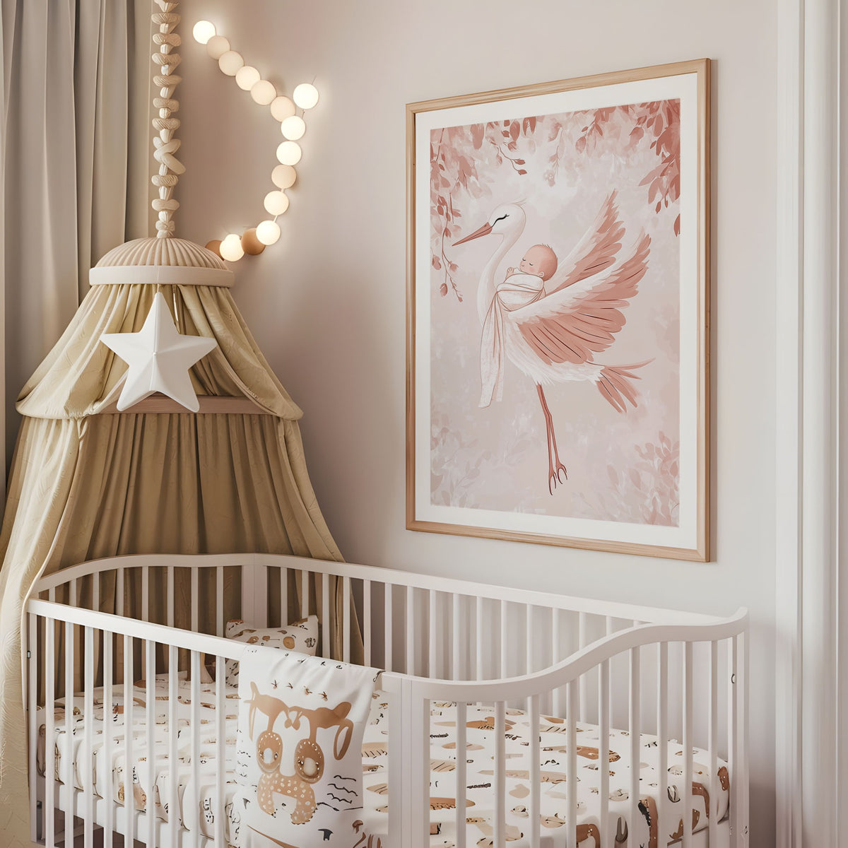 Soft pink stork and sleeping baby nursery print above a cot