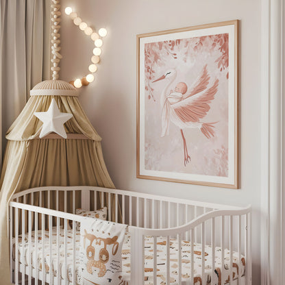 Soft pink stork and sleeping baby nursery print above a cot