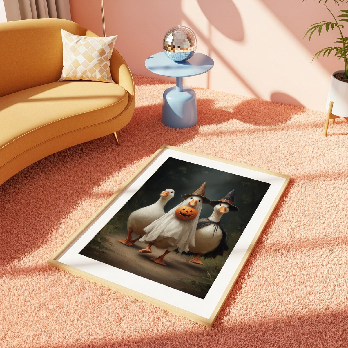 Funny Halloween geese print styled in a colourful maximalist room