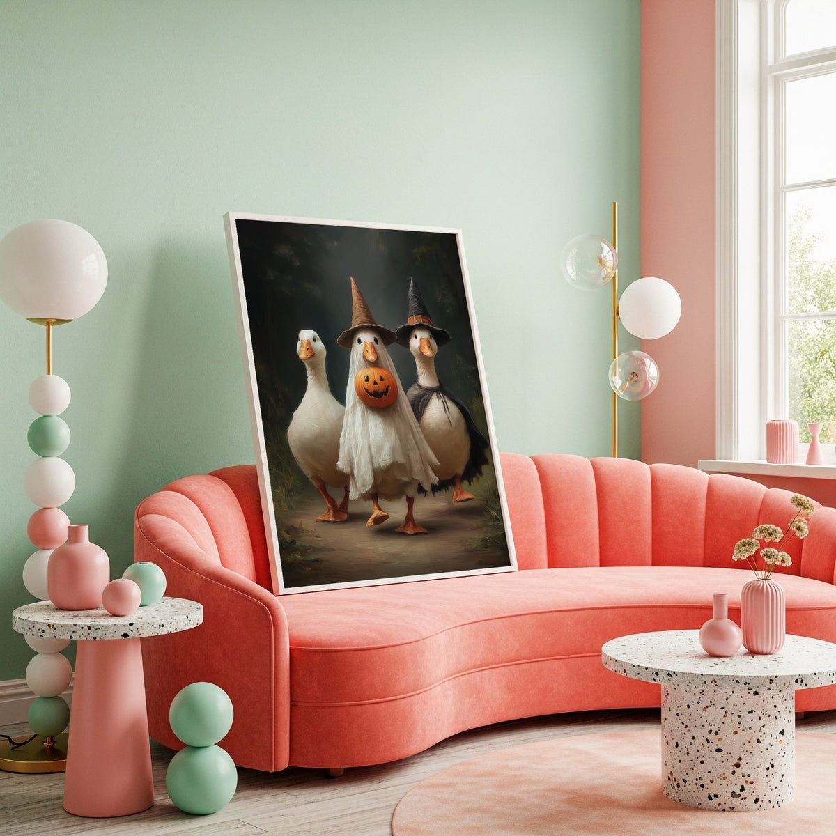 Halloween goose print with witch and ghost costumes styled in a pastel maximalist living room